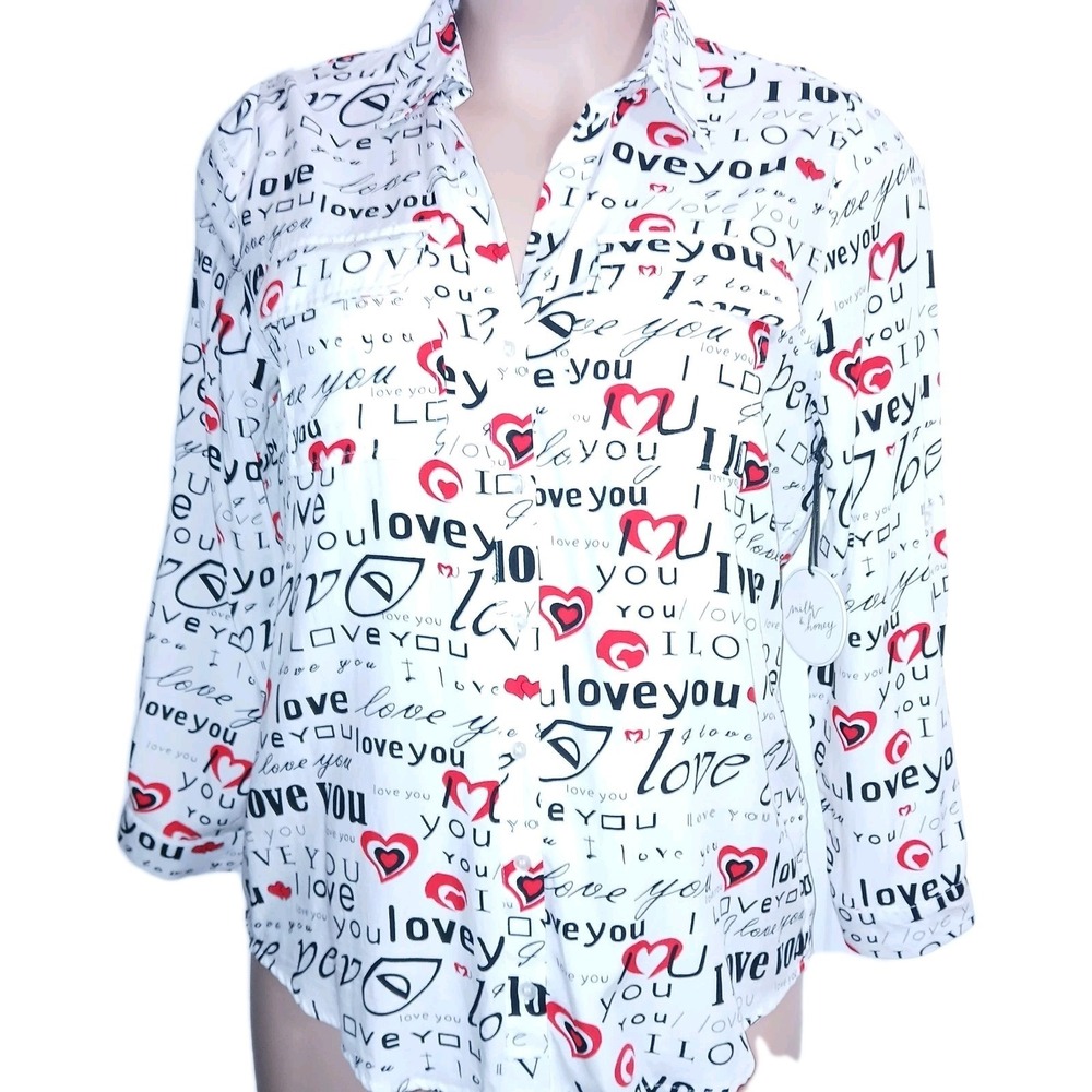 Milk & Honey Women Novelty Button Down Shirt XL White Red Hearts Love Valentine - Picture 2 of 6